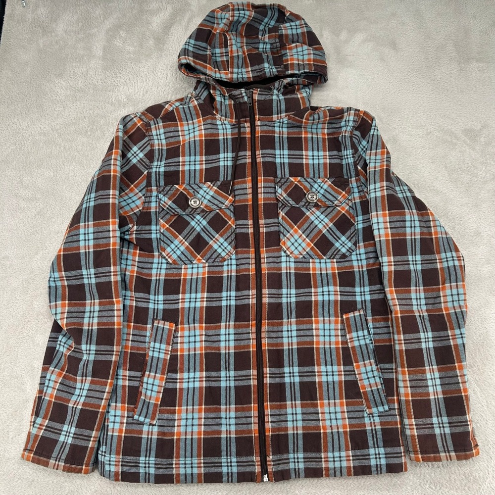 Mossimo‎ Plaid Hooded Jacket Mens S Brown Sherpa Lined Full Zip Utility Outdoor